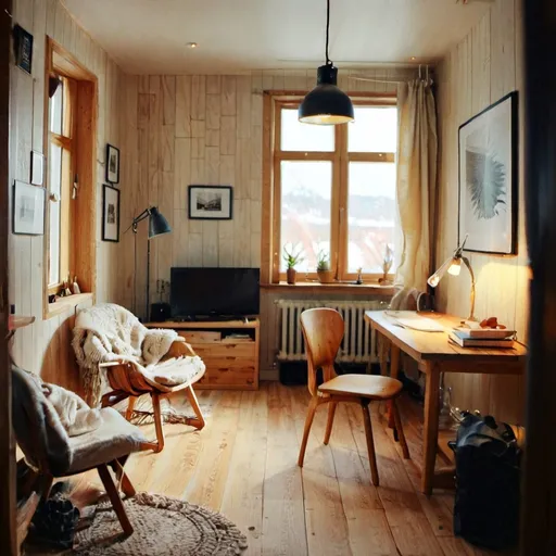 Prompt: A study with a cozy ambiance in the style of Scandinavian interior design with a view.
