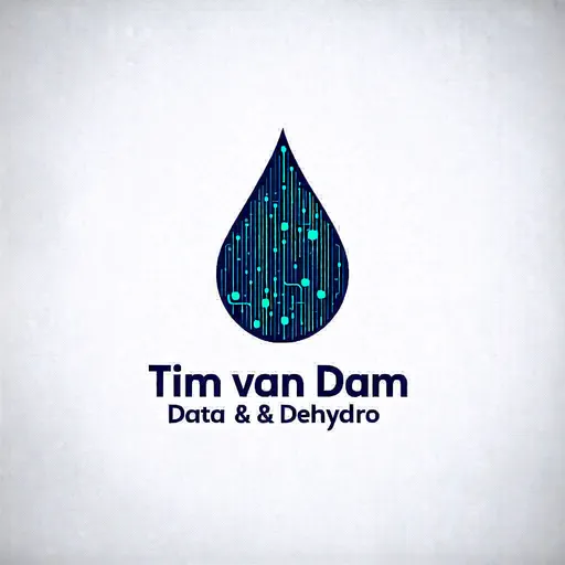 Prompt: Create a sleek, modern logo for 'Tim van Dam Data & Dehydro'. The design should feature a dark blue water droplet, with subtle data connections spread throughout most of the droplet. The connections should consist of thin lines and small nodes, representing a data network, in a lighter blue or turquoise shade. These connections should cover a large portion of the droplet but remain subtle and somewhat in the background, blending softly into the design without drawing too much attention. The company name, 'Tim van Dam Data & Dehydro', should be displayed beneath or beside the droplet in a clean, modern font, keeping the overall aesthetic professional and minimalistic.