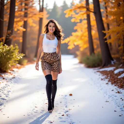 Prompt: (model walking in a wintery snow filled forest along a path), wearing (warm winter clothes), (expressive warm smile), luxurious photoshoot, idyllic natural scenery, sun-dappled forest, vibrant autumn leaves, soft glowing light filtering through trees, cozy ambiance, fashionable outdoor styling, detailed textures in fabric, high quality, ultra-detailed, HD.