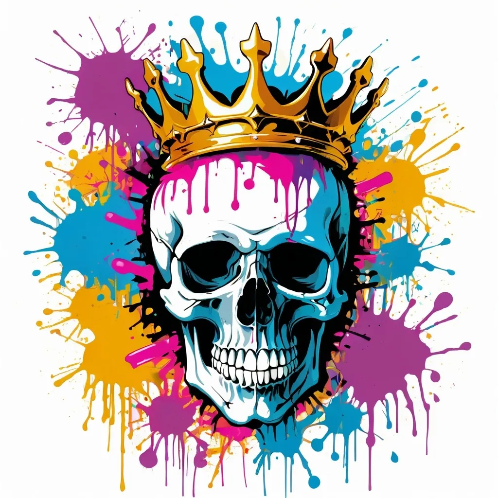 Prompt: Colorful graffiti illustration of a skull with a golden crown, paint splashes, vector t-shirt art, white background