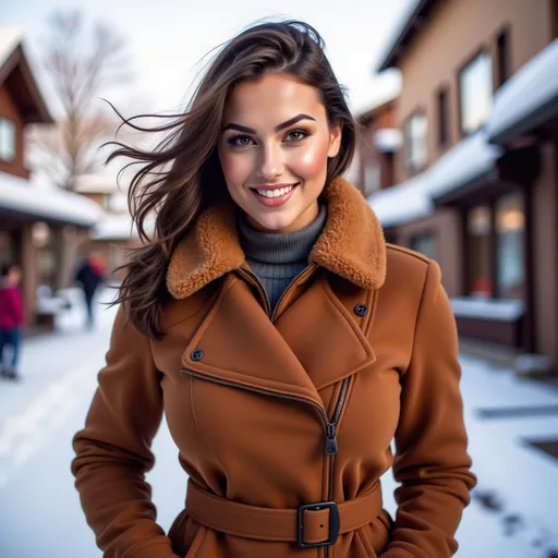 Prompt: model wearing (warm winter clothing), located in a wintery town village background, high-quality textures, soft natural lighting, cozy atmosphere, snowy setting, stylish models, vibrant colors contrasting with cool tones, capturing fluid motion, focus on intricate garment details, ultra-detailed, warm color palette intertwined with cool hues, showcasing seasonal fashion within a serene winter landscape.