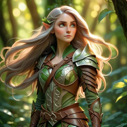 Prompt: (Elf ranger), standing gracefully, long flowing hair, bow in hand, wearing intricate leather armor, surrounded by lush greenery, soft sunlight filtering through leaves, creating dappled light patterns, ethereal ambiance, enchanted atmosphere, mystical vibes, high detail, dramatic lighting, vibrant colors, magic in the air, ultra-detailed, forest scenery.