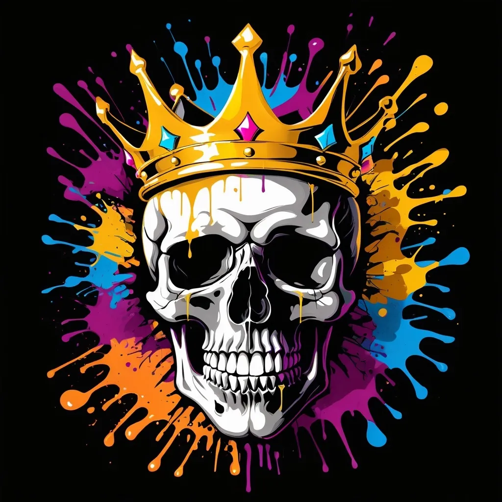 Prompt: Colorful graffiti illustration of a skull with a golden crown, paint splashes, vector t-shirt art, black background