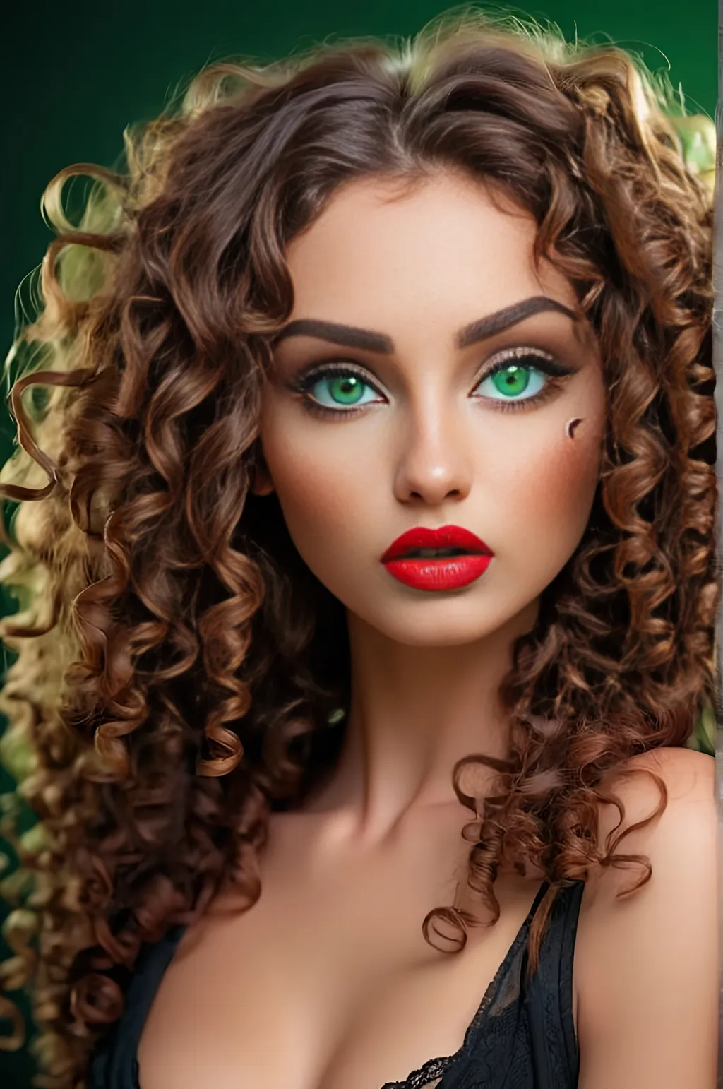 Prompt: Beautiful sensual women with long curly brown, with green eyes, red lips