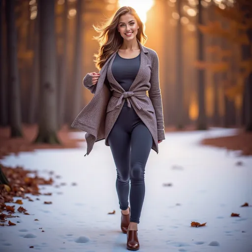 Prompt: (model walking in a wintery snow filled forest along a path), wearing (warm winter clothes), (expressive warm smile), luxurious photoshoot, idyllic natural scenery, sun-dappled forest, vibrant autumn leaves, soft glowing light filtering through trees, cozy ambiance, fashionable outdoor styling, detailed textures in fabric, high quality, ultra-detailed, HD.