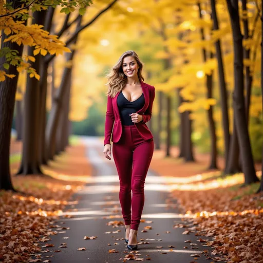 Prompt: (model walking in a forest along a path), (warm winter clothes), (expressive warm smile), luxurious photoshoot, idyllic natural scenery, sun-dappled forest, vibrant autumn leaves, soft glowing light filtering through trees, cozy ambiance, fashionable outdoor styling, detailed textures in fabric, high quality, ultra-detailed, HD.