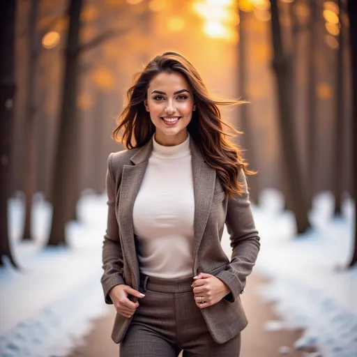 Prompt: (model walking in a wintery snow filled forest along a path), (winter clothes), (expressive warm smile), luxurious photoshoot, idyllic natural scenery, sun-dappled forest, vibrant autumn leaves, soft glowing light filtering through trees, cozy ambiance, fashionable outdoor styling, detailed textures in fabric, high quality, ultra-detailed, HD.