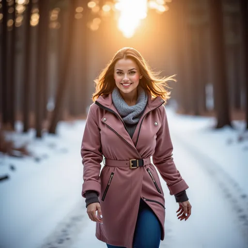 Prompt: (model walking in a wintery snow filled forest along a path), wearing (warm winter clothes), (expressive warm smile), luxurious photoshoot, idyllic natural scenery, sun-dappled forest, vibrant autumn leaves, soft glowing light filtering through trees, cozy ambiance, fashionable outdoor styling, detailed textures in fabric, high quality, ultra-detailed, HD.