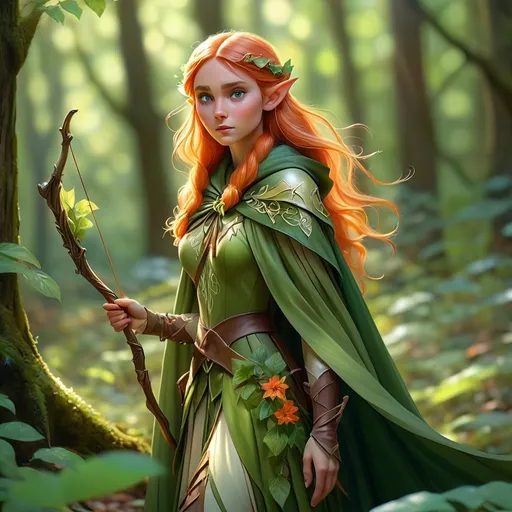 Prompt: (Elf ranger), mystical forest, sunlight filtering through leaves, dappled light on the forest floor, ethereal atmosphere, enchanting greenery, intricate floral details, long flowing cloak, bow and quiver at the ready, serene expression, vibrant colors, magical essence, high depth, 4K, ultra-detailed realism, captivating ambiance.