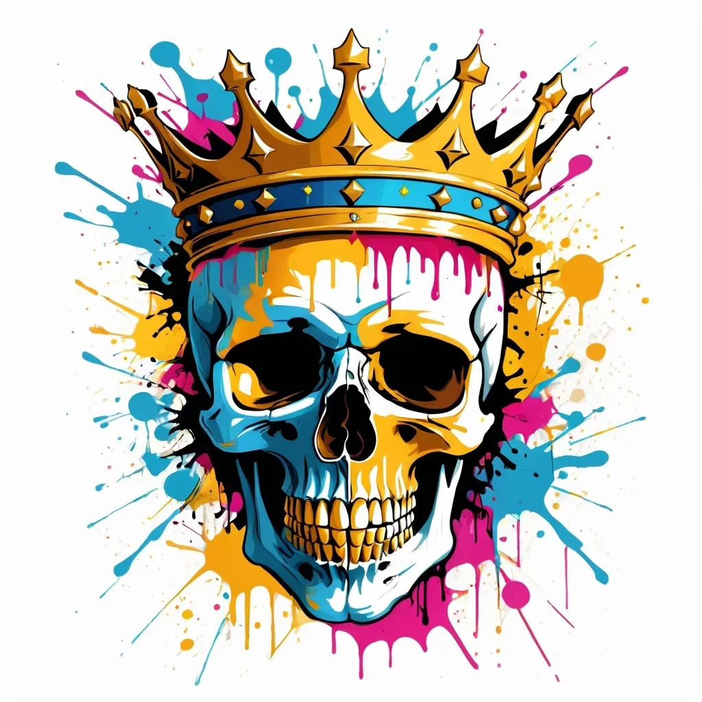 Prompt: Colorful graffiti illustration of a skull with a golden crown, paint splashes, vector t-shirt art, white background