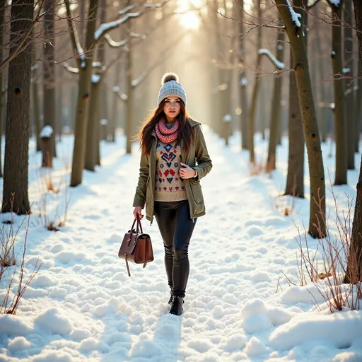 Prompt: (woman walking through a wintery forest), surrounded by glistening snow-covered trees, dressed in (cozy warm clothes, stylish jacket, knitted jumper, fluffy hat, colorful scarf), serene atmosphere, soft light filtering through branches, gentle snowfall, subtle warm tones contrasted with the coolness of winter, hushed ambiance, 4K, ultra-detailed realism.