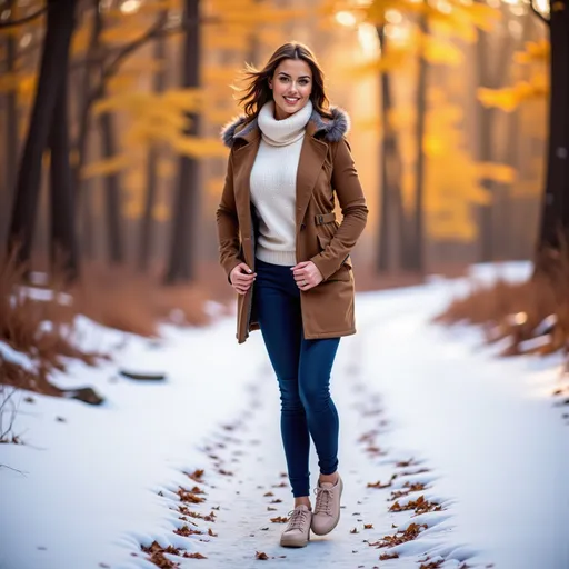 Prompt: (model walking in a wintery snow filled forest along a path), (winter clothes), (expressive warm smile), luxurious photoshoot, idyllic natural scenery, sun-dappled forest, vibrant autumn leaves, soft glowing light filtering through trees, cozy ambiance, fashionable outdoor styling, detailed textures in fabric, high quality, ultra-detailed, HD.