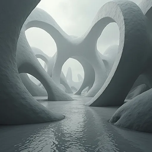 Prompt: Intersecting planes forming impossible architecture in grayscale with subtle reflections