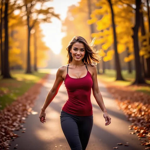 Prompt: (model walking in a forest along a path), (warm winter clothes), (expressive warm smile), luxurious photoshoot, idyllic natural scenery, sun-dappled forest, vibrant autumn leaves, soft glowing light filtering through trees, cozy ambiance, fashionable outdoor styling, detailed textures in fabric, high quality, ultra-detailed, HD.