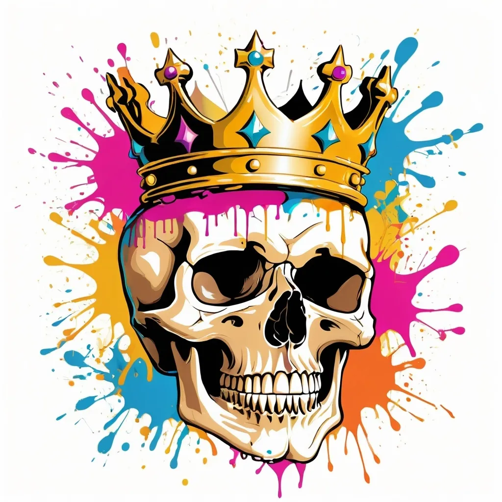 Prompt: Colorful graffiti illustration of a skull with a golden crown, paint splashes, vector t-shirt art, white background