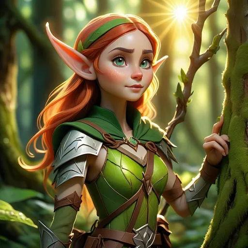 Prompt: Elf ranger in a mystical forest, (radiant sunlight filtering through the trees), lush greenery and vibrant foliage, (enchanted atmosphere), finely detailed elfin features and attire, holding a beautifully crafted bow, intricate tree bark textures, magical flora glowing softly, (4K quality), serene and harmonious ambiance, inviting exploration and adventure.