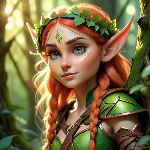 Prompt: Elf ranger in a mystical forest, (radiant sunlight filtering through the trees), lush greenery and vibrant foliage, (enchanted atmosphere), finely detailed elfin features and attire, holding a beautifully crafted bow, intricate tree bark textures, magical flora glowing softly, (4K quality), serene and harmonious ambiance, inviting exploration and adventure.