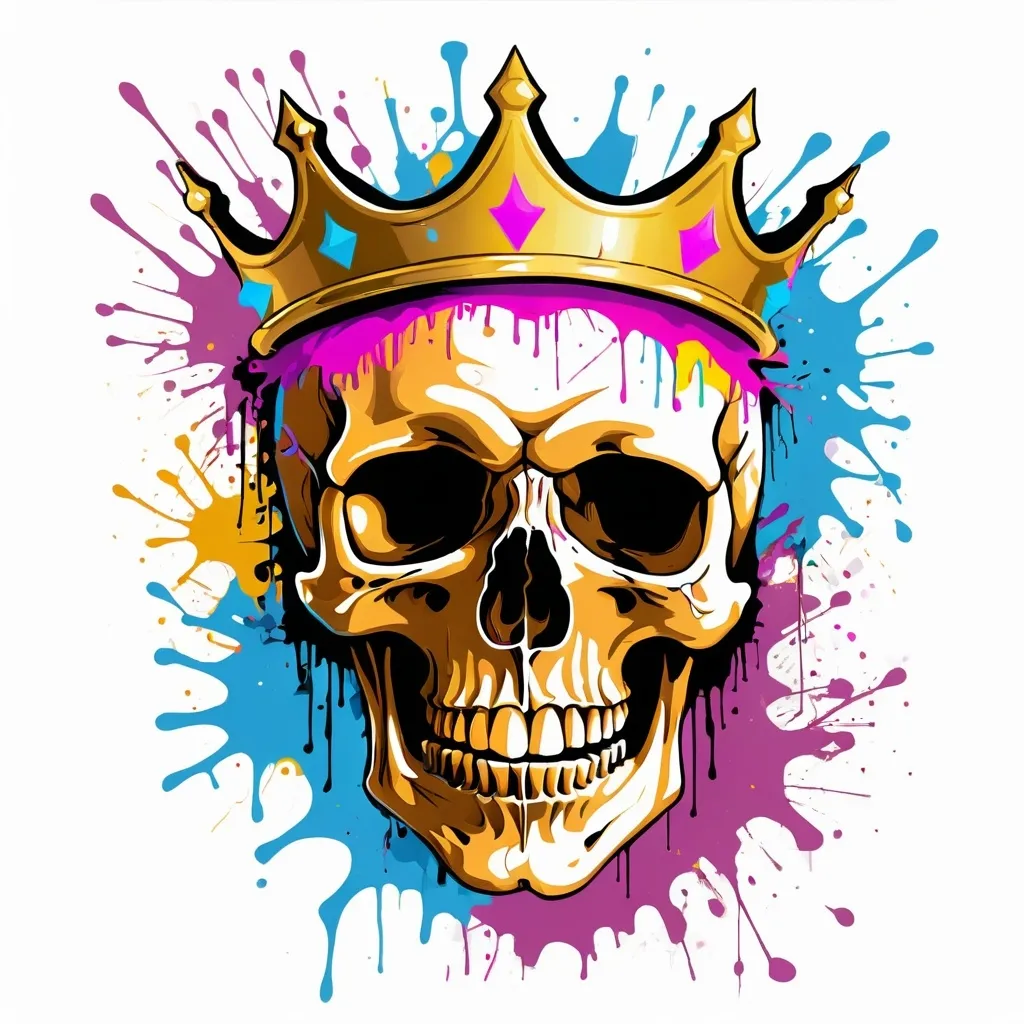 Prompt: Colorful graffiti illustration of a skull with a golden crown, paint splashes, vector t-shirt art, white background