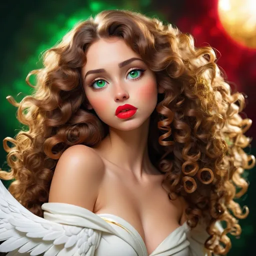 Prompt: Beautiful angelic women with long full curly brown hair falling down her left shoulder, with green eyes, put red lips with a golden circular...