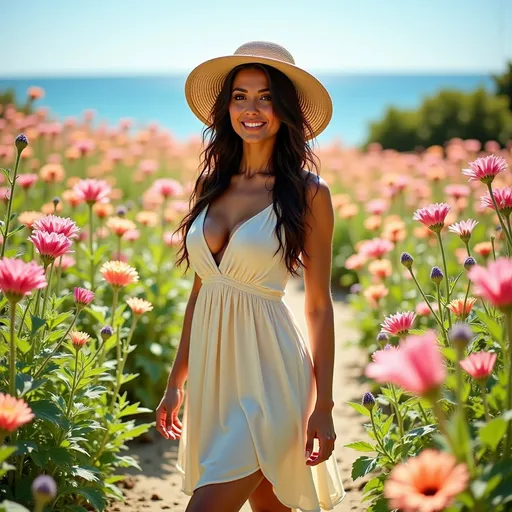 Prompt: (woman walking through a field of vibrant colored flowers), (flowing pastel coloured summer dress just above the knees), wide-brim summer hat, basking in the warm sunlight, surrounded by a dazzling array of flowers in full bloom, vivid colors like magenta, yellow, and blue, clear blue sky above, cheerful ambiance, high-resolution 4K imagery, capturing the blissful essence of a perfect summer day.