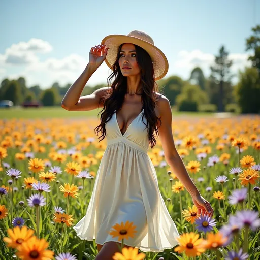 Prompt: (woman walking through a field of vibrant colored flowers), (flowing summer dress just above the knees), wide-brim summer hat, basking in the warm sunlight, surrounded by a dazzling array of flowers in full bloom, vivid colors like magenta, yellow, and blue, clear blue sky above, cheerful ambiance, high-resolution 4K imagery, capturing the blissful essence of a perfect summer day.