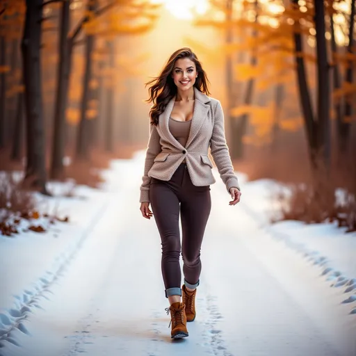 Prompt: (model walking in a wintery snow filled forest along a path), wearing (warm winter clothes), (expressive warm smile), luxurious photoshoot, idyllic natural scenery, sun-dappled forest, vibrant autumn leaves, soft glowing light filtering through trees, cozy ambiance, fashionable outdoor styling, detailed textures in fabric, high quality, ultra-detailed, HD.