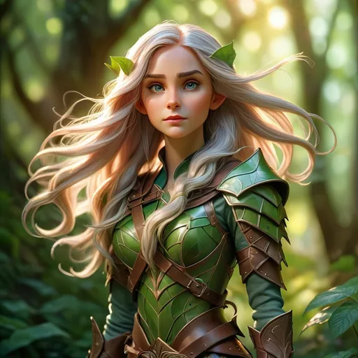 Prompt: (Elf ranger), standing gracefully, long flowing hair, bow in hand, wearing intricate leather armor, surrounded by lush greenery, soft sunlight filtering through leaves, creating dappled light patterns, ethereal ambiance, enchanted atmosphere, mystical vibes, high detail, dramatic lighting, vibrant colors, magic in the air, ultra-detailed, forest scenery.