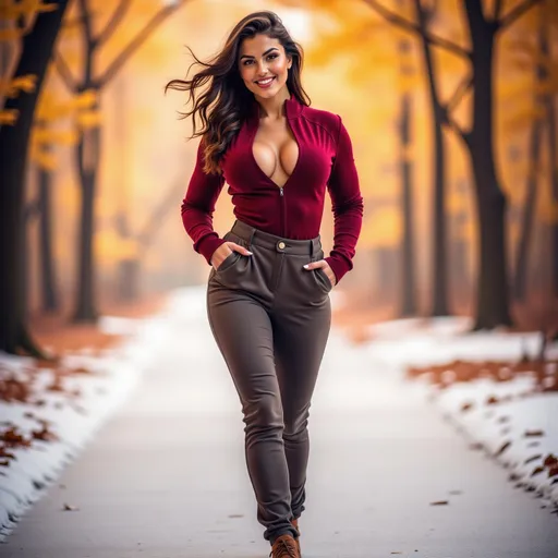 Prompt: (model walking in a wintery snow filled forest along a path), wearing (warm winter clothes), (expressive warm smile), luxurious photoshoot, idyllic natural scenery, sun-dappled forest, vibrant autumn leaves, soft glowing light filtering through trees, cozy ambiance, fashionable outdoor styling, detailed textures in fabric, high quality, ultra-detailed, HD.