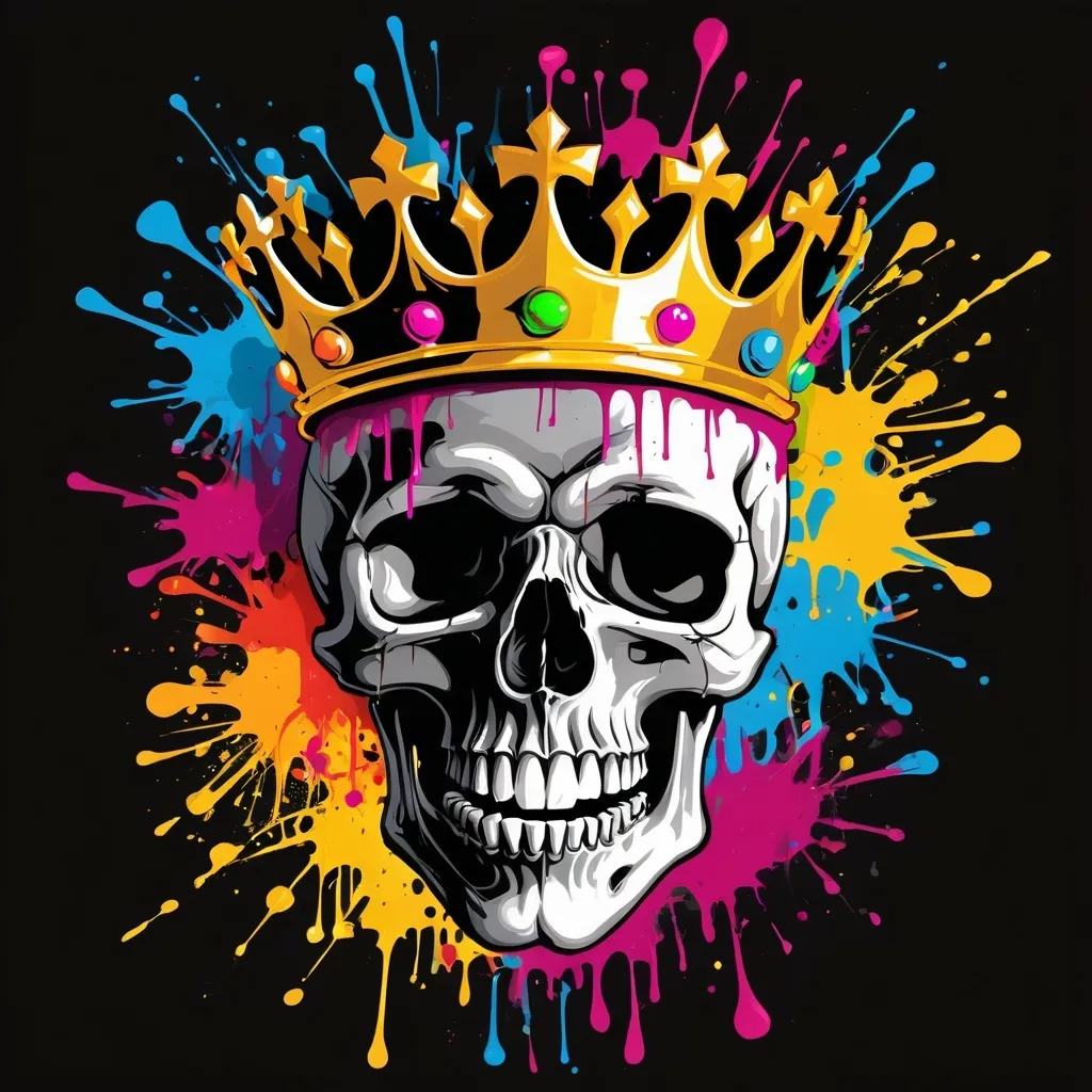 Prompt: Colorful graffiti illustration of a skull with a golden crown, paint splashes, vector t-shirt art, black background