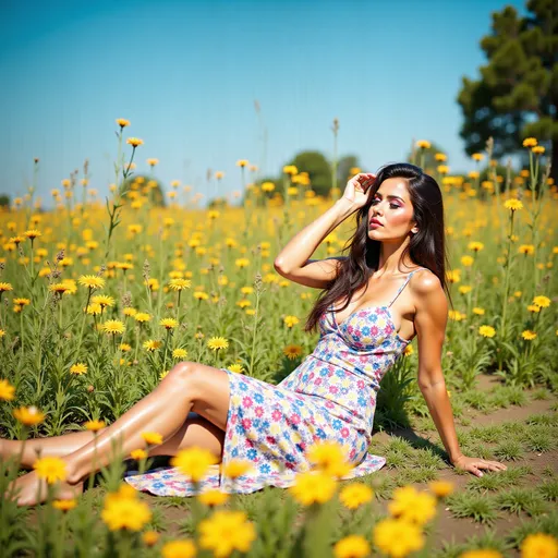 Prompt: (woman lying down in a field of vibrant colored flowers), (colourful summer dress), basking in the warm sunlight, surrounded by a dazzling array of flowers in full bloom, vivid colors like magenta, yellow, and blue, clear blue sky above, cheerful ambiance, high-resolution 4K imagery, capturing the blissful essence of a perfect summer day.