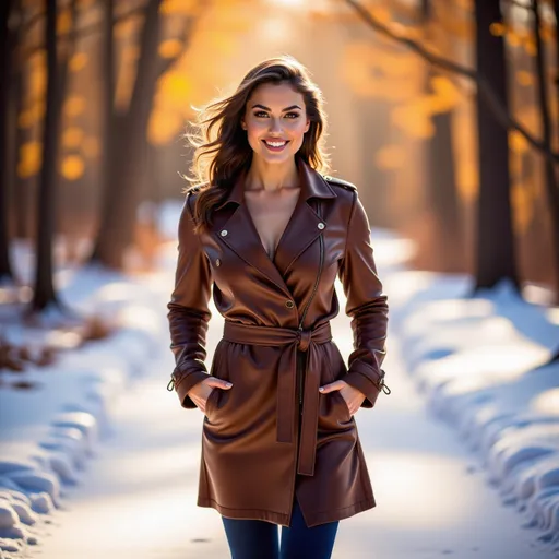 Prompt: (model walking in a wintery snow filled forest along a path), wearing (warm winter clothes), (expressive warm smile), luxurious photoshoot, idyllic natural scenery, sun-dappled forest, vibrant autumn leaves, soft glowing light filtering through trees, cozy ambiance, fashionable outdoor styling, detailed textures in fabric, high quality, ultra-detailed, HD.