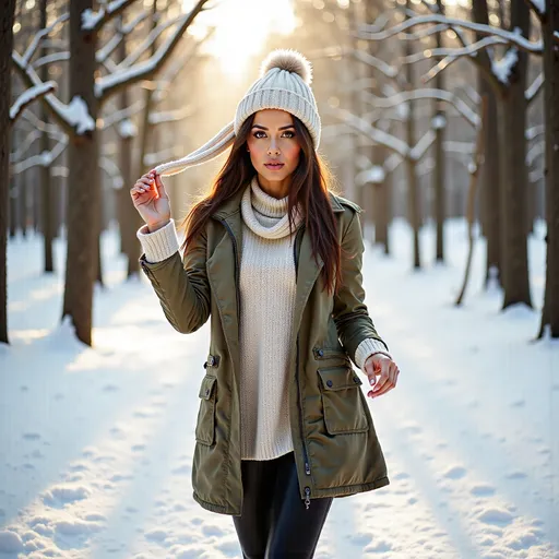 Prompt: (woman walking through a wintery forest), dressed in (cozy warm clothes, jacket, jumper, fluffy hat, scarf), snow-covered trees surrounding her, soft white frost on branches, the ground blanketed in pristine snow, gentle rays of sunlight filtering through branches, creating a magical illuminated glow, serene ambiance, a sense of tranquility, (ultra-detailed), (4K), captivating winter scenery.