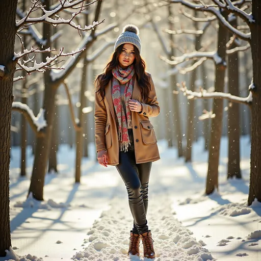 Prompt: (woman walking through a wintery forest), surrounded by glistening snow-covered trees, dressed in (cozy warm clothes, stylish jacket, trousers, knitted jumper, fluffy hat, colorful scarf), serene atmosphere, soft light filtering through branches, gentle snowfall, subtle warm tones contrasted with the coolness of winter, hushed ambiance, 4K, ultra-detailed realism.