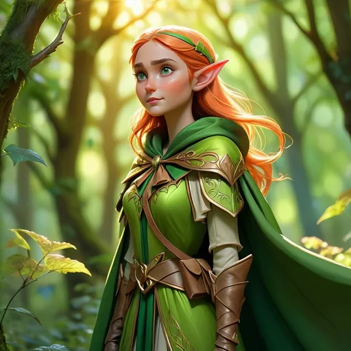 Prompt: (Elf ranger), standing gracefully, vibrant green cloak, intricate bow in hand, vibrant sunlight filtering through leafy canopy, enchanting mood, magical atmosphere, glimmering details in foliage, birds perched nearby, lush undergrowth, forest ethereal glow, (magical forest surroundings), high-quality 4K resolution, highly detailed, serene and enchanting vibe.