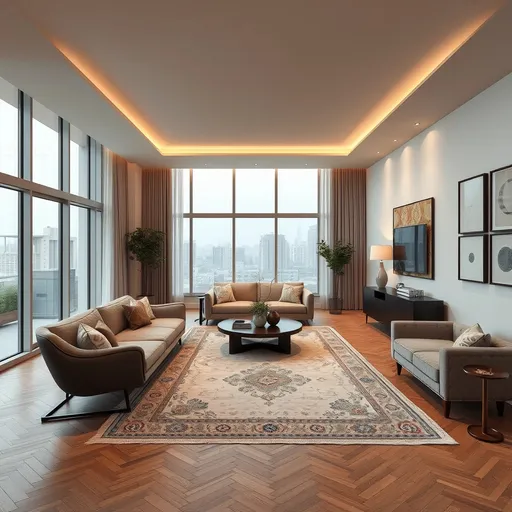 Prompt: photorealistic 200 sqm apartment, minimalistic, (modern design), luxurious decor elements, oak herringbone wooden flooring, art pieces, spacious layout, sleek furniture with Pahlavi and persian patterns, warm ambient lighting, large windows showcasing a Tehran view, earthy textiles and colors,  pale Persian rugs, minimalist art on the walls, inviting atmosphere, ultra-detailed, high quality, enhances style and elegance.