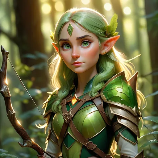 Prompt: (Elf ranger), mystical forest, dappled sunlight filtering through trees, ethereal atmosphere, vibrant greens and golds, intricate armor glistening, bow and quiver at the ready, peaceful yet alert expression, magical flora surrounding, high-detail, cinematic depth, enchanting ambiance, inviting light, ultra-detailed, nature's majesty.