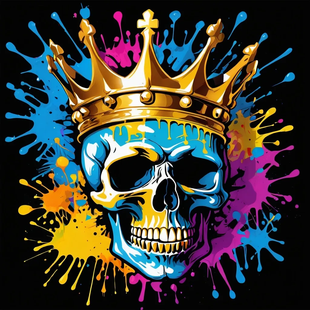 Prompt: Colorful graffiti illustration of a skull with a golden crown, paint splashes, vector t-shirt art, black background