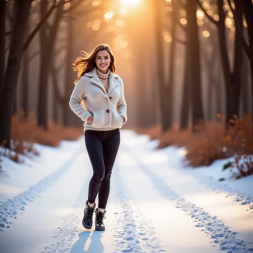 Prompt: (model walking in a wintery snow filled forest along a path), wearing (warm winter clothes), (expressive warm smile), luxurious photoshoot, idyllic natural scenery, sun-dappled forest, vibrant autumn leaves, soft glowing light filtering through trees, cozy ambiance, fashionable outdoor styling, detailed textures in fabric, high quality, ultra-detailed, HD.