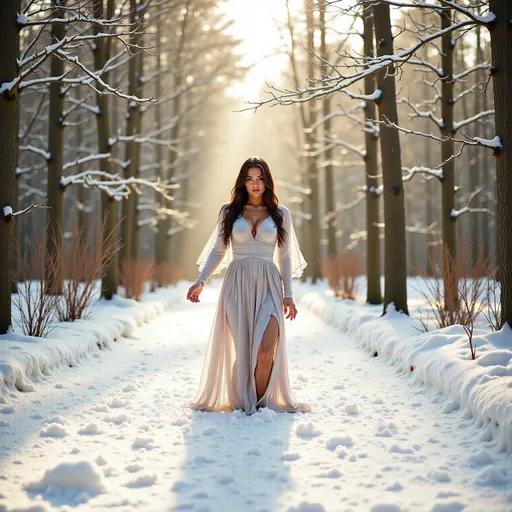 Prompt: (woman walking through a wintery forest), dressed in (cozy warm clothes), snow-covered trees surrounding her, soft white frost on branches, the ground blanketed in pristine snow, gentle rays of sunlight filtering through branches, creating a magical illuminated glow, serene ambiance, a sense of tranquility, (ultra-detailed), (4K), captivating winter scenery.