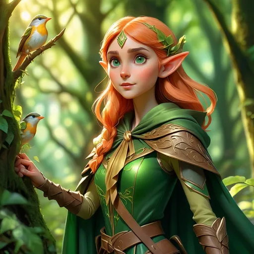 Prompt: (Elf ranger), standing gracefully, vibrant green cloak, intricate bow in hand, vibrant sunlight filtering through leafy canopy, enchanting mood, magical atmosphere, glimmering details in foliage, birds perched nearby, lush undergrowth, forest ethereal glow, (magical forest surroundings), high-quality 4K resolution, highly detailed, serene and enchanting vibe.