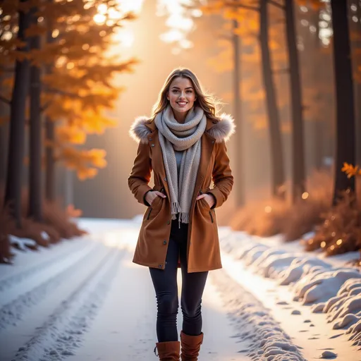 Prompt: (model walking in a wintery snow filled forest along a path), wearing (warm winter clothes), (expressive warm smile), luxurious photoshoot, idyllic natural scenery, sun-dappled forest, vibrant autumn leaves, soft glowing light filtering through trees, cozy ambiance, fashionable outdoor styling, detailed textures in fabric, high quality, ultra-detailed, HD.