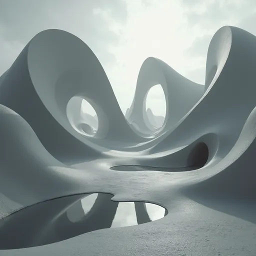 Prompt: Intersecting planes forming impossible architecture in grayscale with subtle reflections