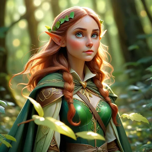 Prompt: (Elf ranger), mystical forest, sunlight filtering through leaves, dappled light on the forest floor, ethereal atmosphere, enchanting greenery, intricate floral details, long flowing cloak, bow and quiver at the ready, serene expression, vibrant colors, magical essence, high depth, 4K, ultra-detailed realism, captivating ambiance.