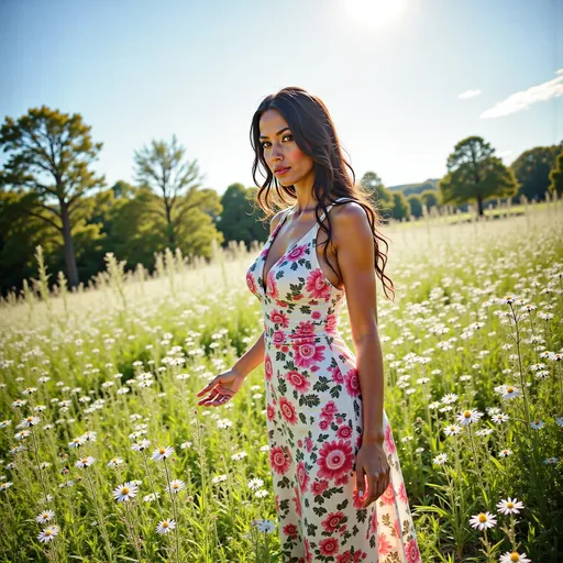 Prompt: (woman walking through a field of flowers), (vibrant sun dress), soft sunlight filtering through the petals, colorful wildflowers in full bloom, serene and joyful atmosphere, gentle breeze rustling the dress, bright blue sky overhead, lush green grass swaying subtly, ultra-detailed, high quality, inviting and cheerful mood, cinematic depth of field.