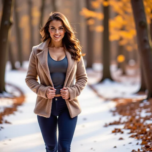 Prompt: (model walking in a wintery snow filled forest along a path), wearing (warm winter clothes), (expressive warm smile), luxurious photoshoot, idyllic natural scenery, sun-dappled forest, vibrant autumn leaves, soft glowing light filtering through trees, cozy ambiance, fashionable outdoor styling, detailed textures in fabric, high quality, ultra-detailed, HD.