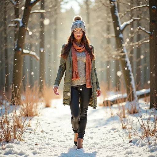 Prompt: (woman walking through a wintery forest), surrounded by glistening snow-covered trees, dressed in (cozy warm clothes, stylish jacket, trousers, knitted jumper, fluffy hat, colorful scarf), serene atmosphere, soft light filtering through branches, gentle snowfall, subtle warm tones contrasted with the coolness of winter, hushed ambiance, 4K, ultra-detailed realism.