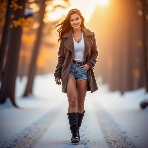 Prompt: (model walking in a wintery snow filled forest along a path), wearing (warm winter clothes), (expressive warm smile), luxurious photoshoot, idyllic natural scenery, sun-dappled forest, vibrant autumn leaves, soft glowing light filtering through trees, cozy ambiance, fashionable outdoor styling, detailed textures in fabric, high quality, ultra-detailed, HD.