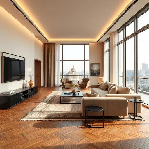 Prompt: photorealistic 200 sqm apartment, minimalistic, (modern design), luxurious decor elements, oak herringbone wooden flooring, art pieces, spacious layout, sleek furniture with Pahlavi and persian patterns, warm ambient lighting, large windows showcasing a Tehran view, earthy textiles and colors,  pale Persian rugs, minimalist art on the walls, inviting atmosphere, ultra-detailed, high quality, enhances style and elegance.