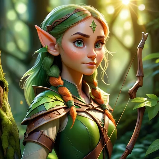 Prompt: Elf ranger in a mystical forest, (radiant sunlight filtering through the trees), lush greenery and vibrant foliage, (enchanted atmosphere), finely detailed elfin features and attire, holding a beautifully crafted bow, intricate tree bark textures, magical flora glowing softly, (4K quality), serene and harmonious ambiance, inviting exploration and adventure.