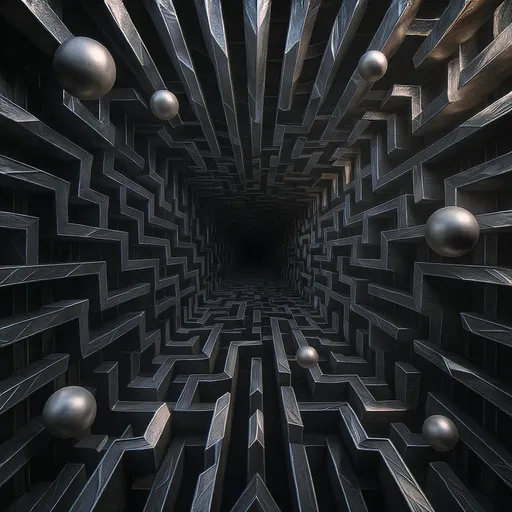 Prompt: A perfectly symmetrical labyrinth made of folded metal and hovering spheres